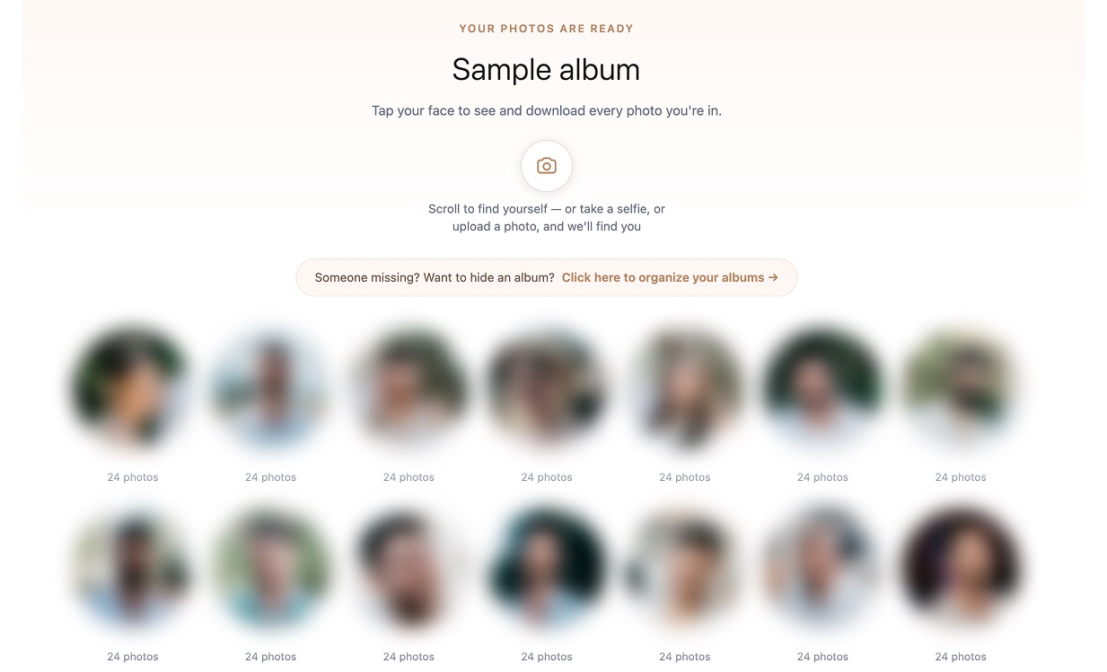 A PixieFaces gallery page: a grid of circular face thumbnails, each with a photo count, under the heading 'Tap your face to see and download every photo you're in'
