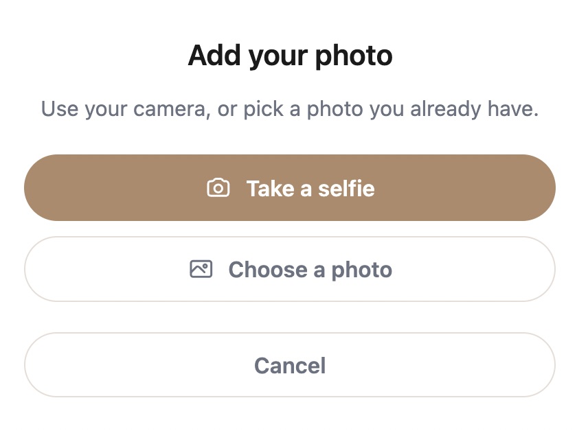 The 'Add your photo' dialog with two choices: Take a selfie, or Choose a photo